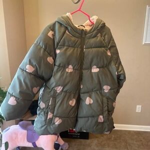 Zara Kids Green Puffer Jacket with Pink Hearts